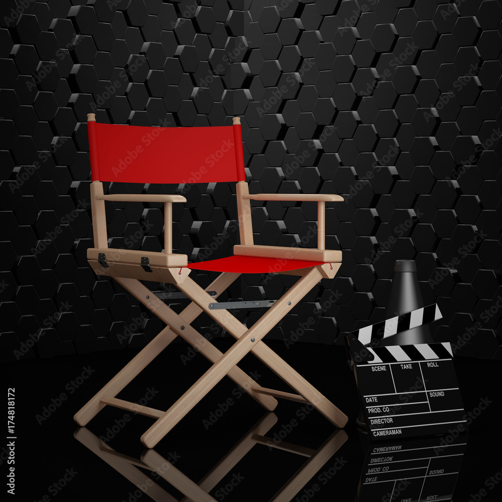 Cinema Industry Concept. Red Director Chair, Movie Clapper and Megaphone. 3d Rendering