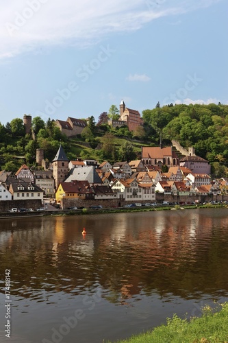 View of the town with Hirschhorn Castle, Marktkirche Church, the Carmelite Monastery and the Neckar River, Hirschhorn, Neckartal-Odenwald Nature Reserve, Hesse, Germany, Europe, PublicGround, Europe
