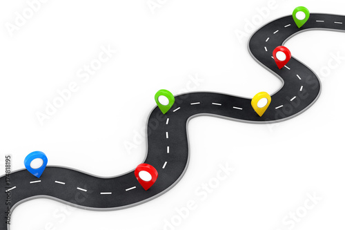 Winding Road with Colorful Pin Pointer. 3d Rendering