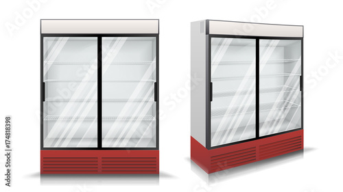 Refrigerator Vector. Fridge With Two Glass Sliding Doors. Isolated Illustration