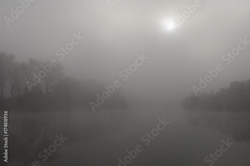 Fog covered lake near Wernau, Baden-Wuerttemberg, Germany, Europe