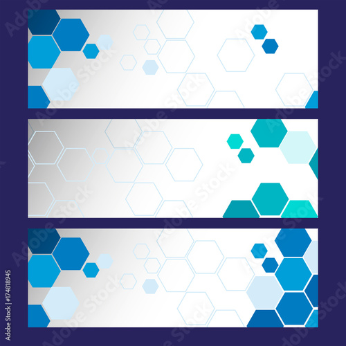 Three banner templates with blue hexagons