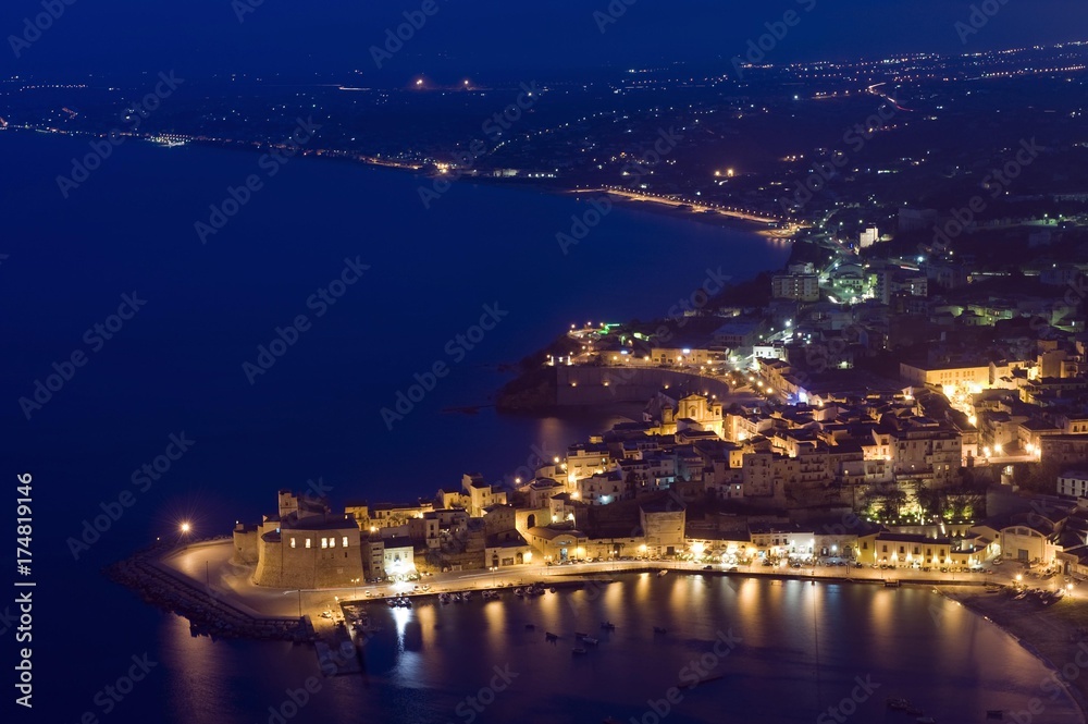 Castellammare del Golfo, night shot with panorama looking down, Sicily, Italy, Europe