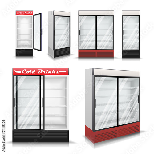 Realistic Refrigerator Set Vector. Cooling Drinks. Fridge Freezer With Transparent Glass. Isolated Illustration