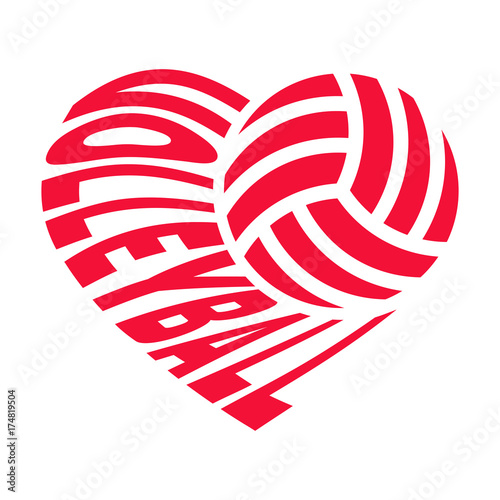 Ball and inscription «VOLLEYBALL» in the shape of a heart. Vector illustration isolated on white background for sports design. 