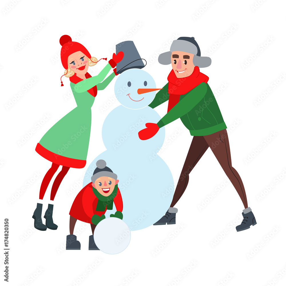 Happy Family Making Snowman. Hello Winter. Christmas Time. Vector illustration