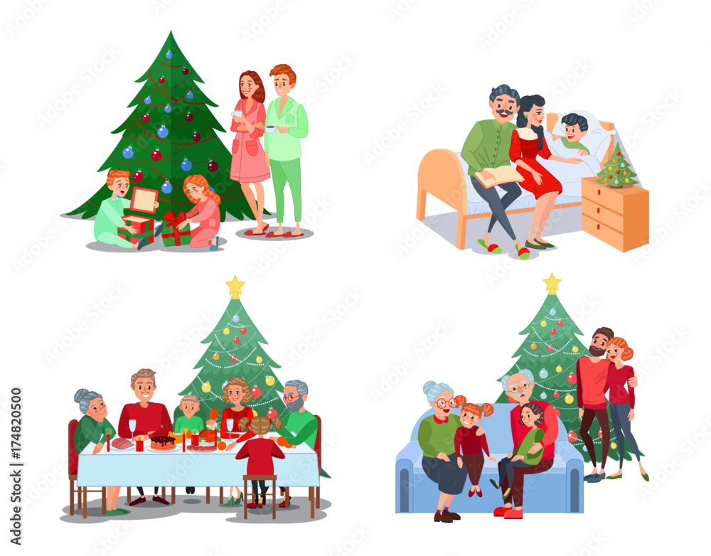 Christmas Family Scenes. Children Open Presents. Family Christmas Dinner. Grandparents with Grandchildren. Vector illustration