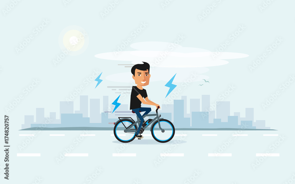 Fototapeta premium Smiling Man on Electric Bicycle with City Skyline Background