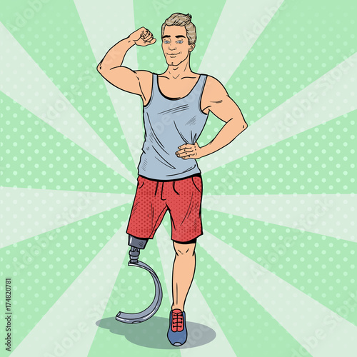 Pop Art Disabled Sportsman with Prosthesis. Handicapped Sport. Paralympic Athlete. Vector illustration