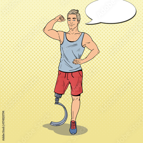 Pop Art Disabled Sportsman with Leg Prosthesis. Handicapped Sport. Paralympic Athlete. Vector illustration