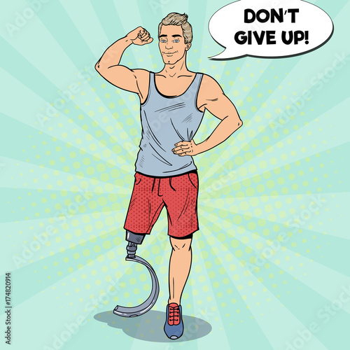 Pop Art Disabled Man with Leg Prosthesis. Handicapped Sport. Paralympic Athlete. Vector illustration