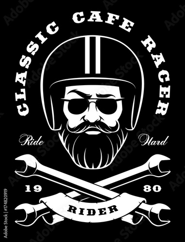 Biker with beard and crossed wrenches on dark background