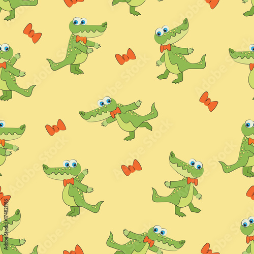 Green crocodile with a bow tie. Seamless pattern. Design of gift packaging  textiles  ceramics for children.