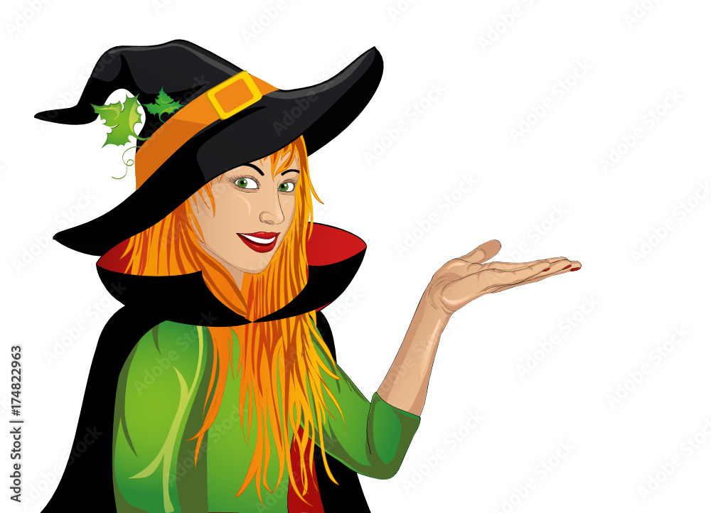 Halloween.Happy woman in hat and witch costume showing a gesture Halloween.Happy woman in hat and witch costume showing a gesture
