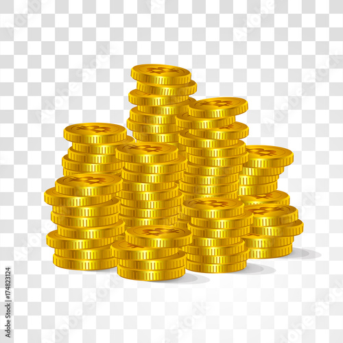 Bitcoin is a digital virtual currency Internet search. Vector golden coins symbols virtual technology cryptographic money stacked pile