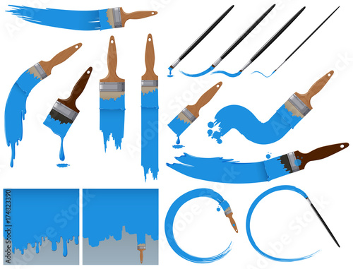 Different sizes of paintbrushes with blue paint