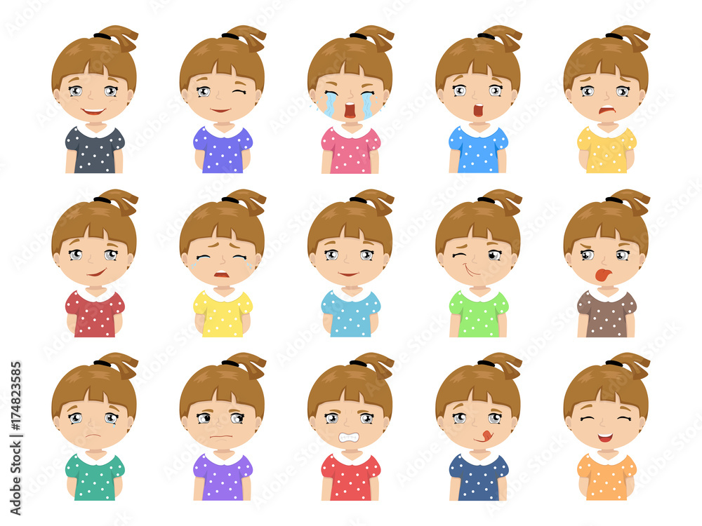 Set of Cartoon cute caucasian girl face emotions Vector Icons Set of Cartoon cute caucasian girl face emotions Vector Icons