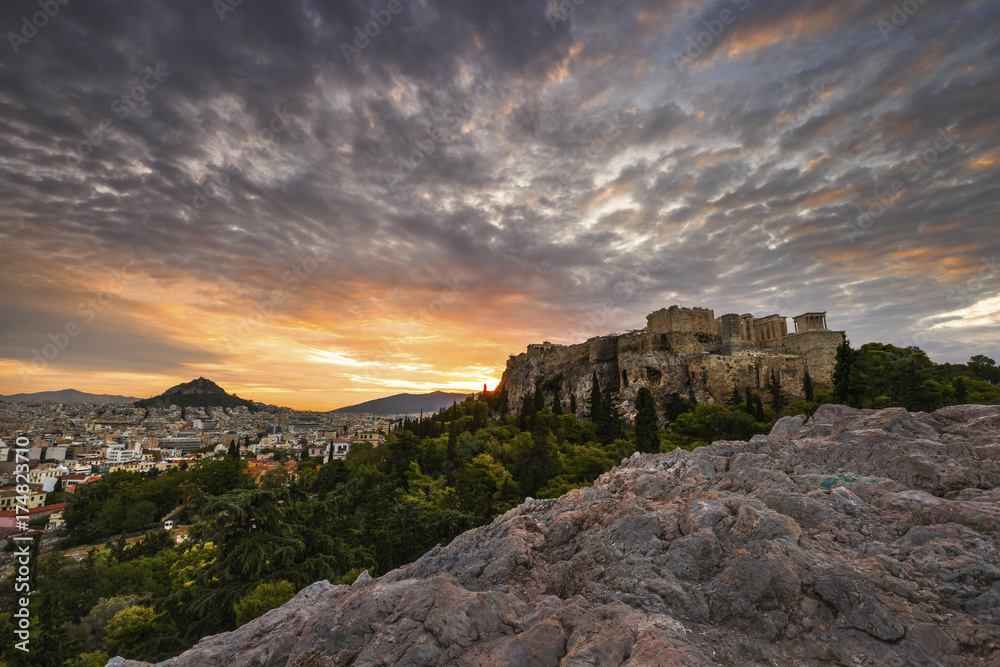 Acropolis as seen from Areopagus hill early in the morning. 
