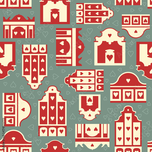 Seamless vector pattern of stylized vintage Dutch red and white houses for Valentine's Day 14 February. Hearts on gray background.
