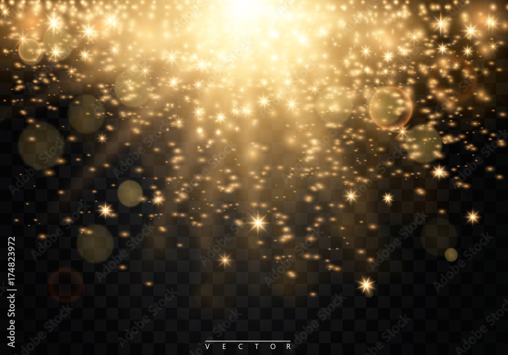 Vector glamour fashion illustration. Gold glittering star dust trail sparkling particles on transparent background. EPS10