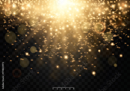 Vector glamour fashion illustration. Gold glittering star dust trail sparkling particles on transparent background. EPS10