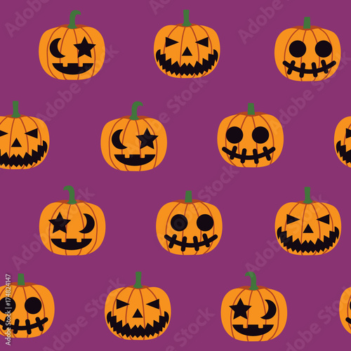 seamless halloween pattern illustration, decorative monster pumpkin on purple background vector