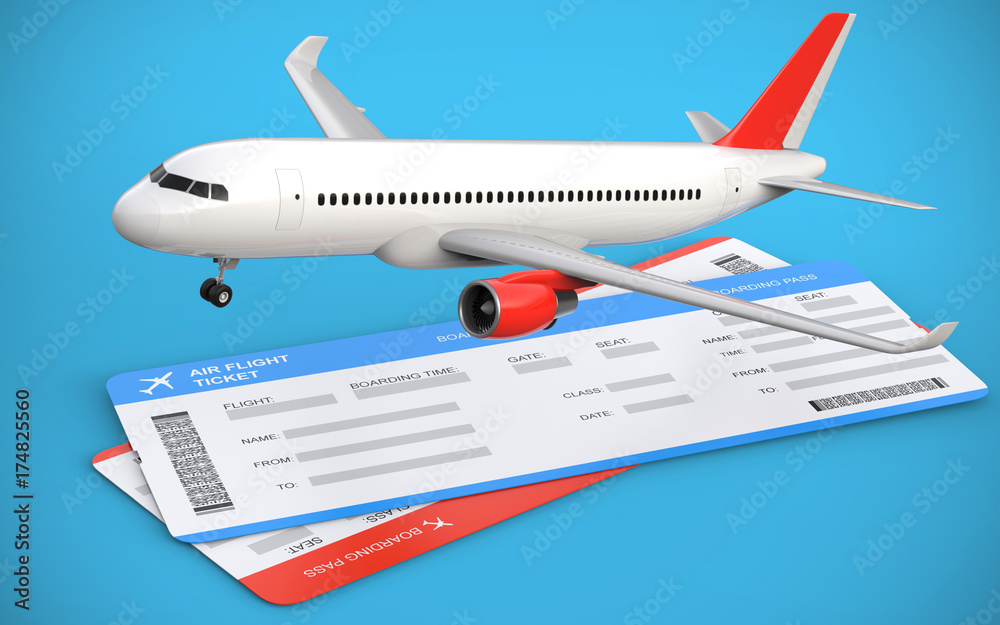 3d illustration of two airline, air flight tickets with airplane, airliner on the blue background