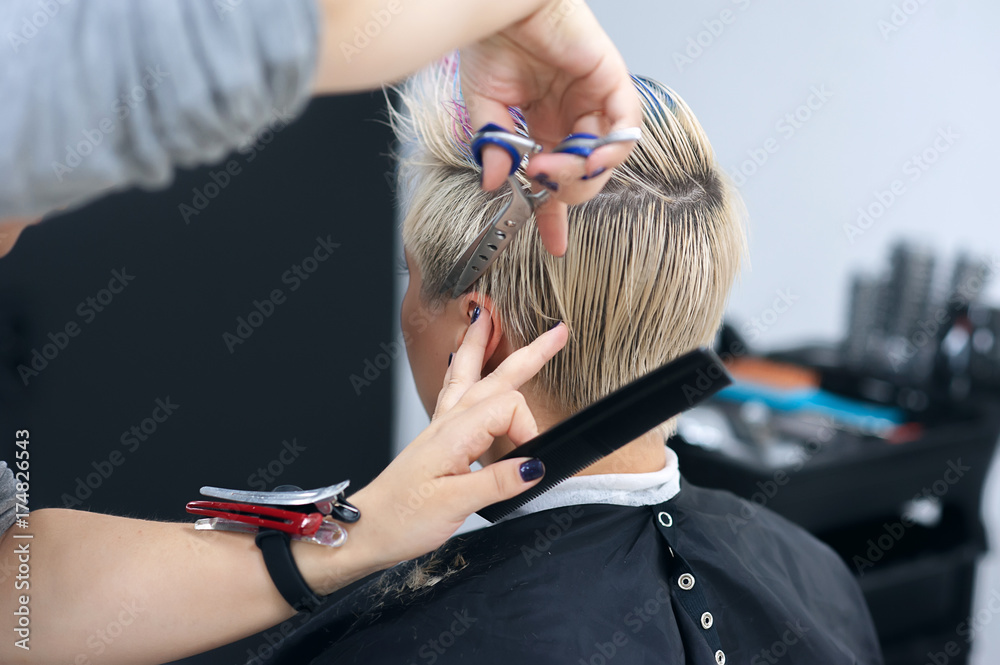 Naklejka premium Women's haircut. Hairdresser, beauty salon. Professional hairdresser making stylish haircut. Hairdresser cutting woman bangs hair Process of hair cutting with use scissors