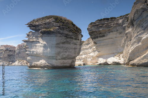 View of Bonifacio old town built on top of cliff rocks, Corsica island, France