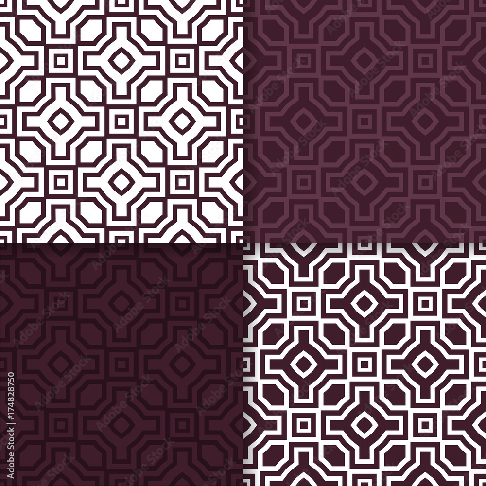 Geometric set of maroon seamless patterns for design