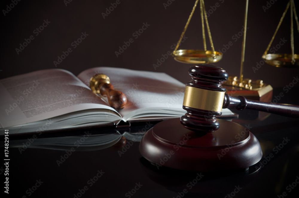 Court gavel, scale of justice, law theme. Court gavel, scale of justice, law theme.
