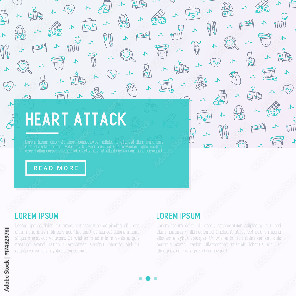 Heart attack concept with thin line icons of symptoms and treatments. Modern vector illustration for medical report or survey, banner, web page, print media with place for text.