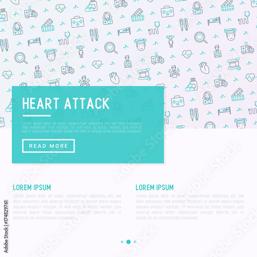 Heart attack concept with thin line icons of symptoms and treatments. Modern vector illustration for medical report or survey, banner, web page, print media with place for text. © AlexBlogoodf