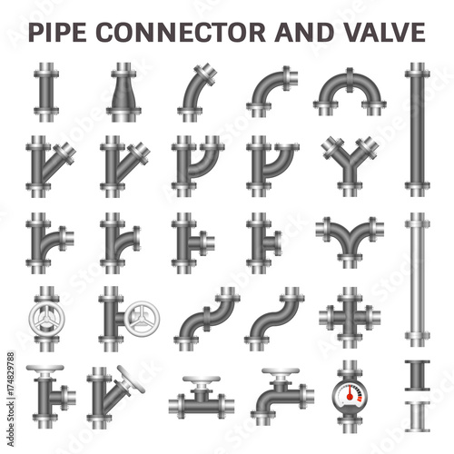 Pipe icon and flange fitting. Include control valve and pressure gauge or manometer. For pipeline construction and transportation liquid or gas i.e. crude, oil, natural gas, sewage, wastewater etc. 