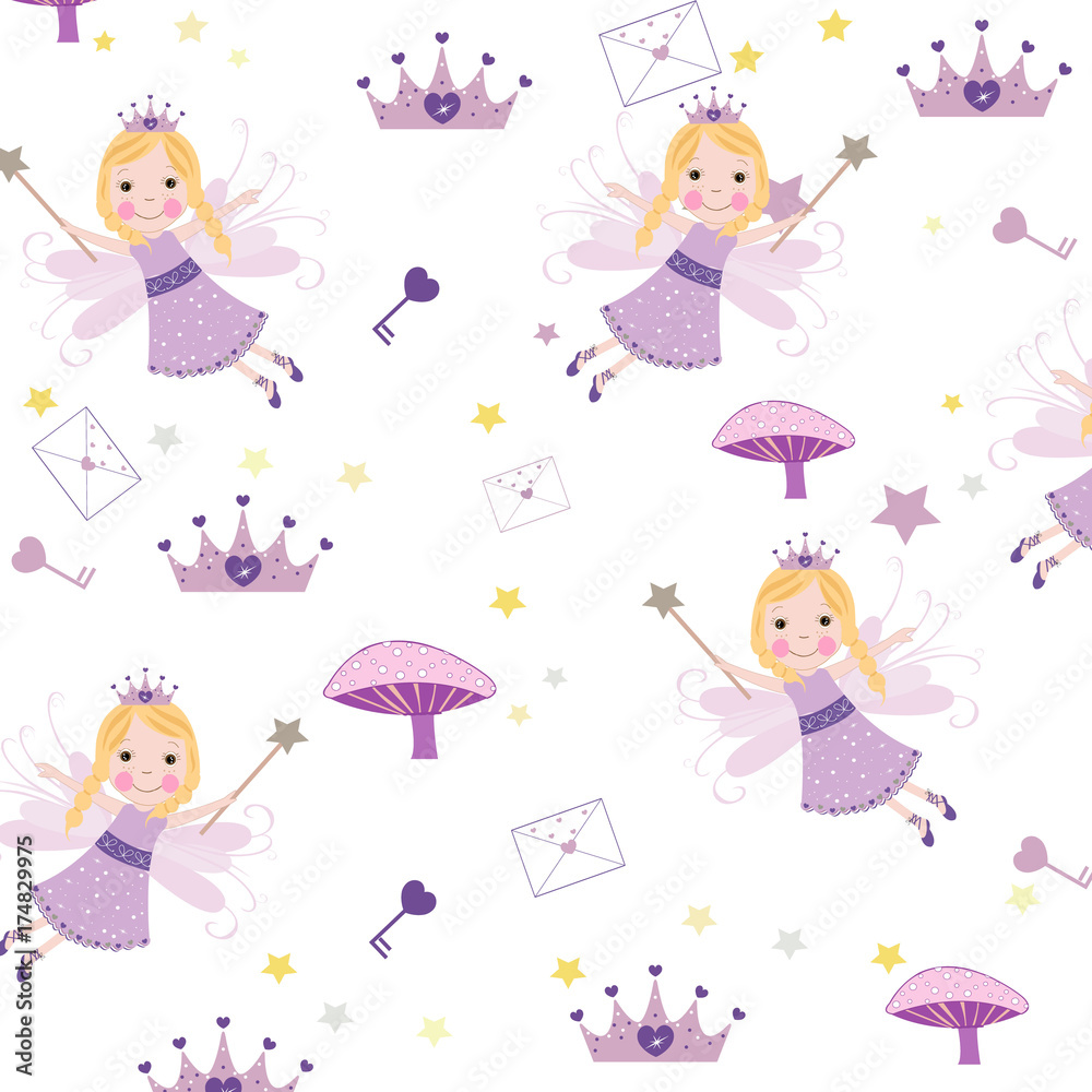 Cute fairytale pattern with hearts, stars, mushroom pattern background Cute fairytale pattern with hearts, stars, mushroom pattern background
