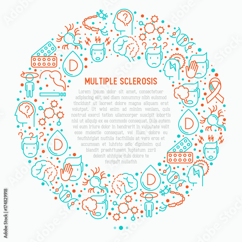 Multiple sclerosis concept in circle with thin line icons of symptoms and treatments: disorientation, heredity, neuron myelin sheaths, vitamin D. Vector illustration for banner, web page.