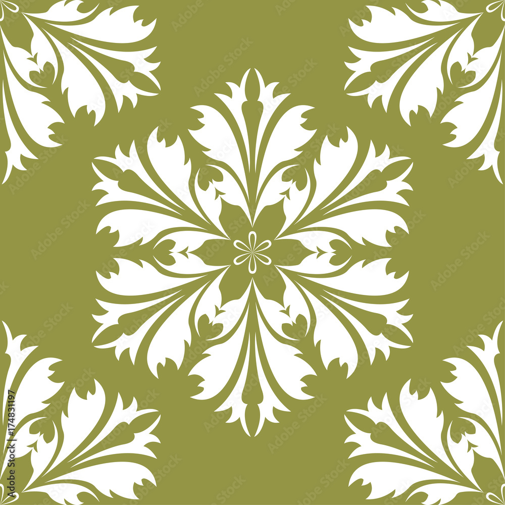 White flower on olive green background. Seamless pattern White flower on olive green background. Seamless pattern