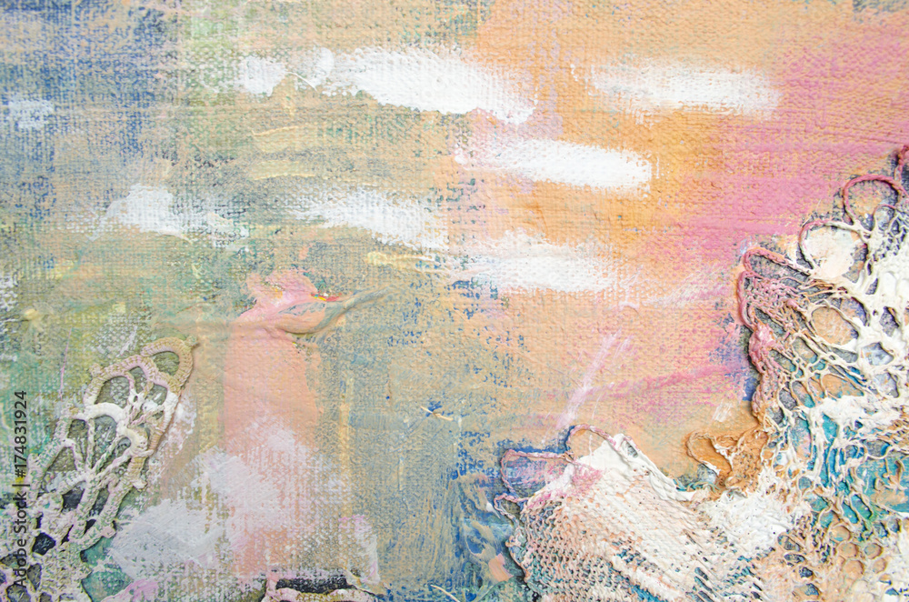 Fototapeta premium Big painted napkin with geometric pattern on abstract colorful acrylic background