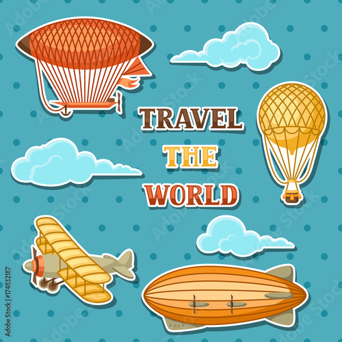 Set of retro air transport. Vintage aerostat airship, blimp and plain in cloudy sky