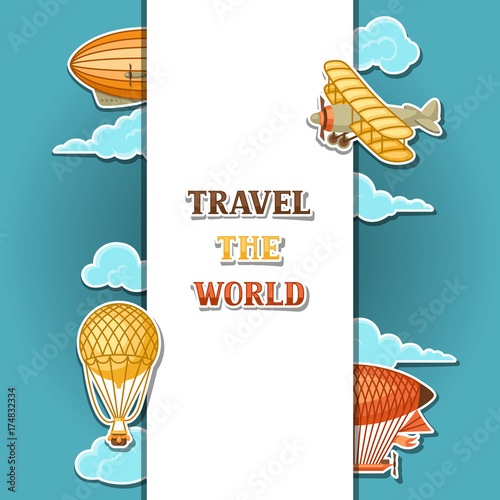 Travel background with retro air transport. Vintage aerostat airship, blimp and plain in cloudy sky