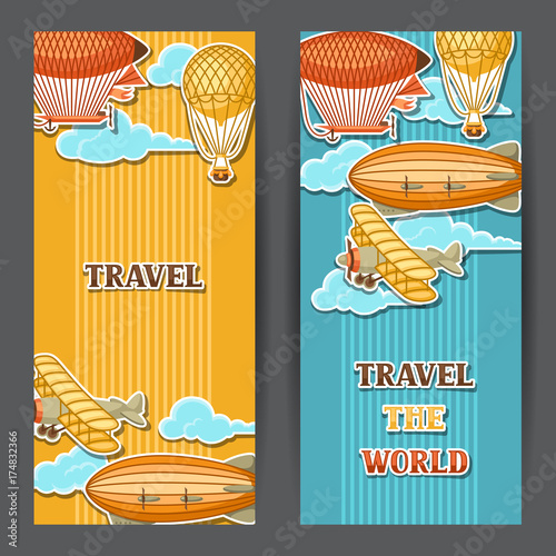 Travel banners with retro air transport. Vintage aerostat airship, blimp and plain in cloudy sky
