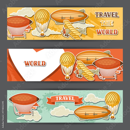 Travel banners with retro air transport. Vintage aerostat airship, blimp and plain in cloudy sky