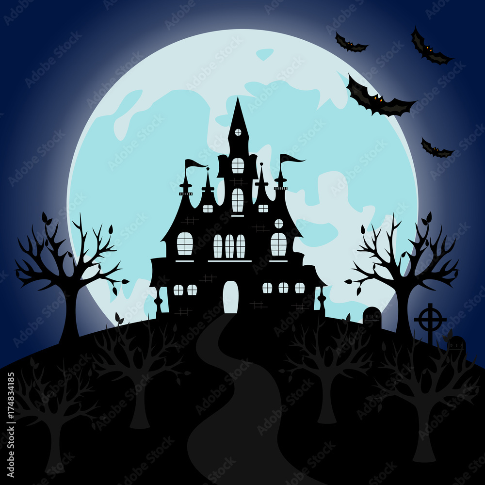 Old gothic cemetery with iron gate and lantern halloween night horror background vector illustration.