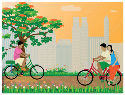 people drive bicycle in park vector design
