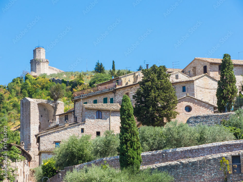 Assisi, Italy, a Unesco world heritage. Historical buildings and houses in the old city center