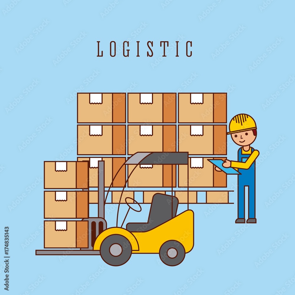 logistic forklift loading cardboard boxes and worker vector illustration logistic forklift loading cardboard boxes and worker vector illustration
