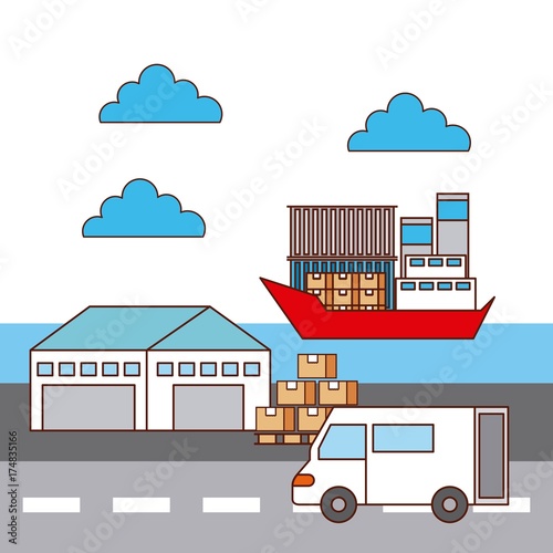 warehouse van car and ship logistic transport vector illustration