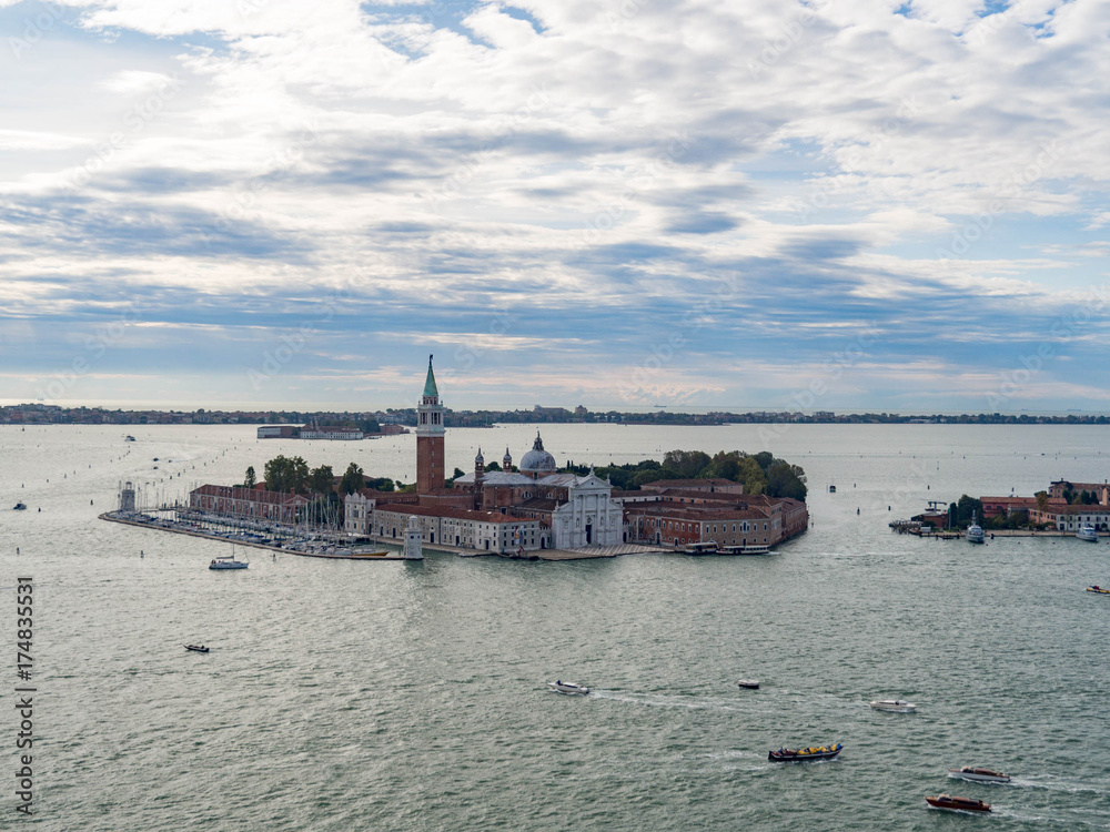 Aerial view of Venice city from the top of the bell tower at the San Marco Square. Italy, summer