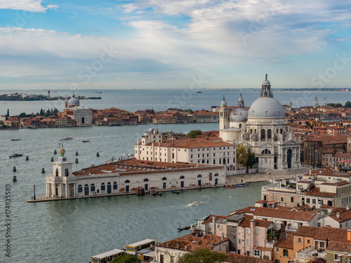 Aerial view of Venice city from the top of the bell tower at the San Marco Square. Italy, summer