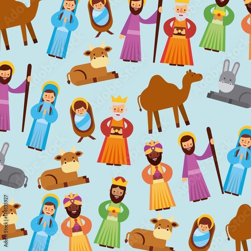set of people animal manger christmas holiday vector illustration